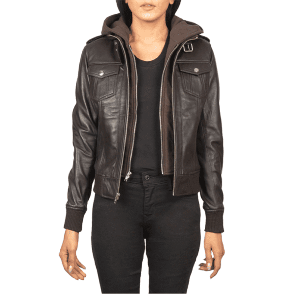 Roslyn Brown Hooded Leather Bomber Jacket Front Side