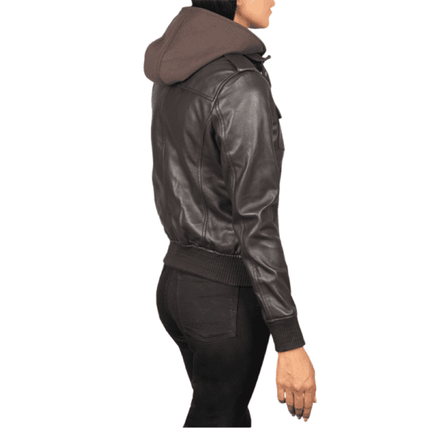 Roslyn Brown Hooded Leather Bomber Jacket Left Side