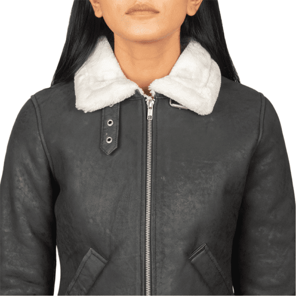 Sherilyn B-3 Black & White Leather Bomber Jacket Colar Side