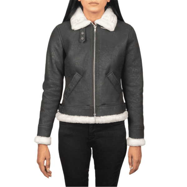 Sherilyn B-3 Black & White Leather Bomber Jacket Front Side