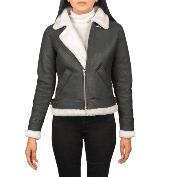 Sherilyn B-3 Black & White Leather Bomber Jacket Front Side