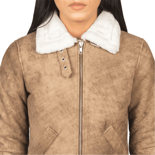 Sherilyn B-3 Distressed Brown Leather Bomber Jacket Colar Side