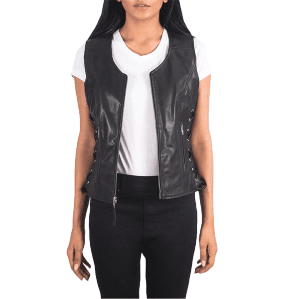 Vanda Black Leather Biker Vest Front Side