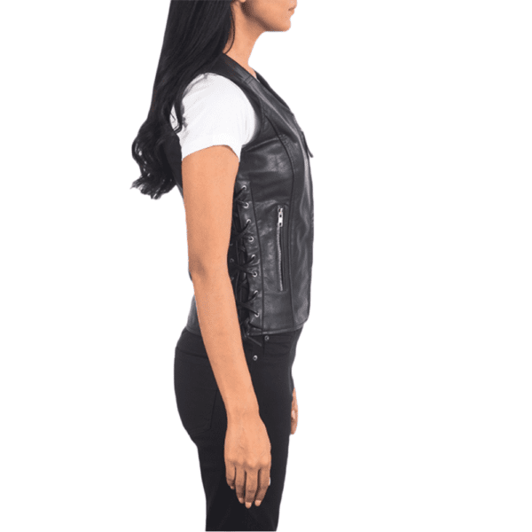 Vanda Black Leather Biker Vest Left Side