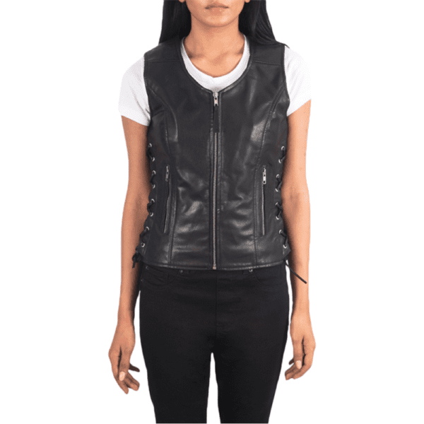 Vanda Black Leather Biker Vest Front Side