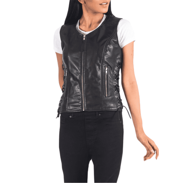 Vanda Black Leather Biker Vest Front Side