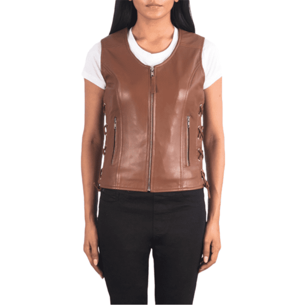 Vanda Black Leather Biker Vest Front Side