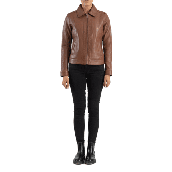 Vixen Brown Classic Collar Leather Jacket Front Side