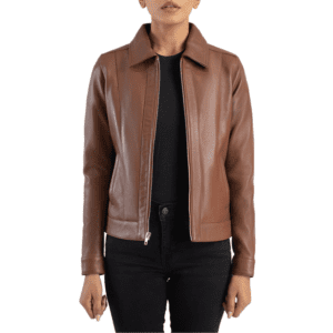 Vixen Brown Classic Collar Leather Jacket Front Side