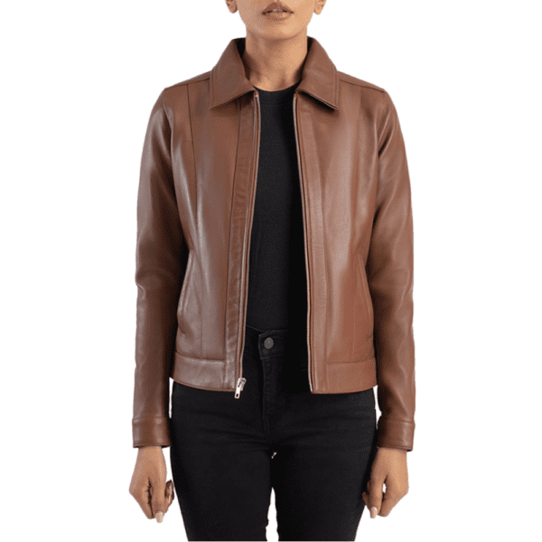 Vixen Brown Classic Collar Leather Jacket Front Side