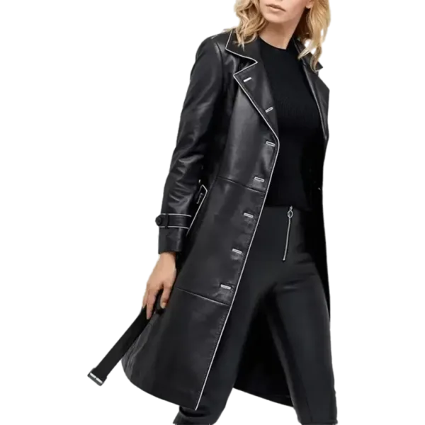 Anastasia Women’s Black Leather Double Breasted Trench Coat Front Shoulder Side