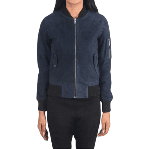 Ava Ma-1 Navy Blue Suede Bomber Jacket Front Side