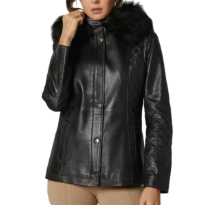 Women’s Black Leather Hooded Dazzling Jacket Front Side