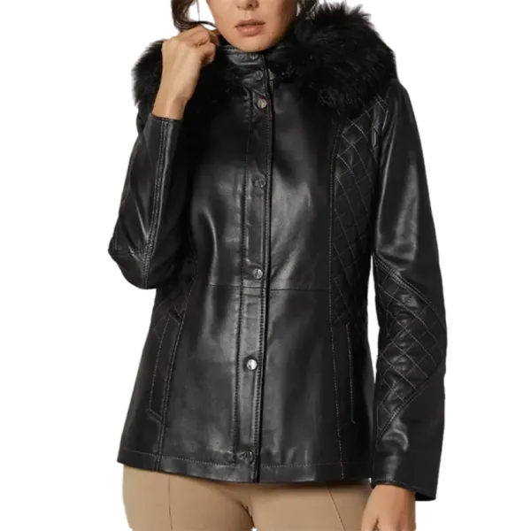 Women’s Black Leather Hooded Dazzling Jacket Front Side