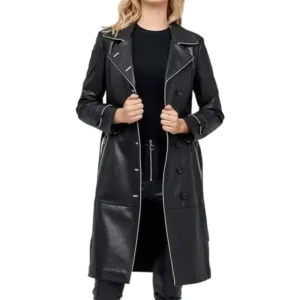 Anastasia Women’s Black Leather Double Breasted Trench Coat Front Unzipped Side