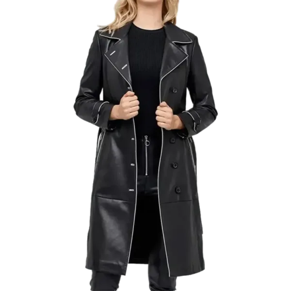 Anastasia Women’s Black Leather Double Breasted Trench Coat Front Unzipped Side