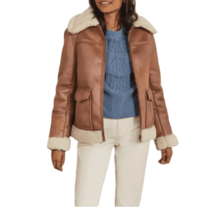 Women Brown Sheepskin Shearling Leather Aviator Front Side